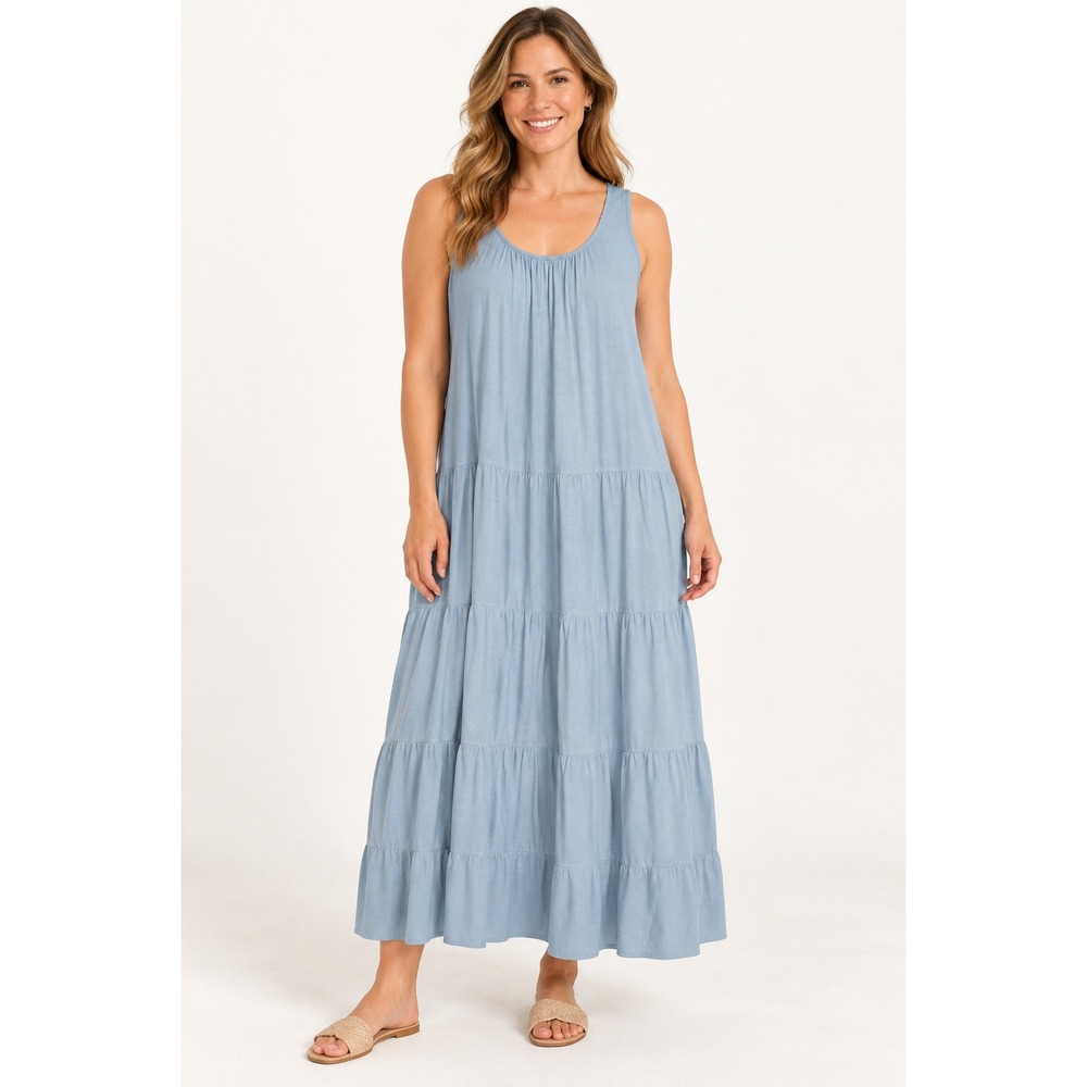 Soft Surroundings Blue Tiered Maxi Dress Large Sleeveless Flowy Boho